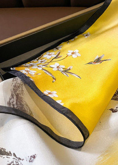 Scenic Floral Silk Scarf Yellow Square Satin