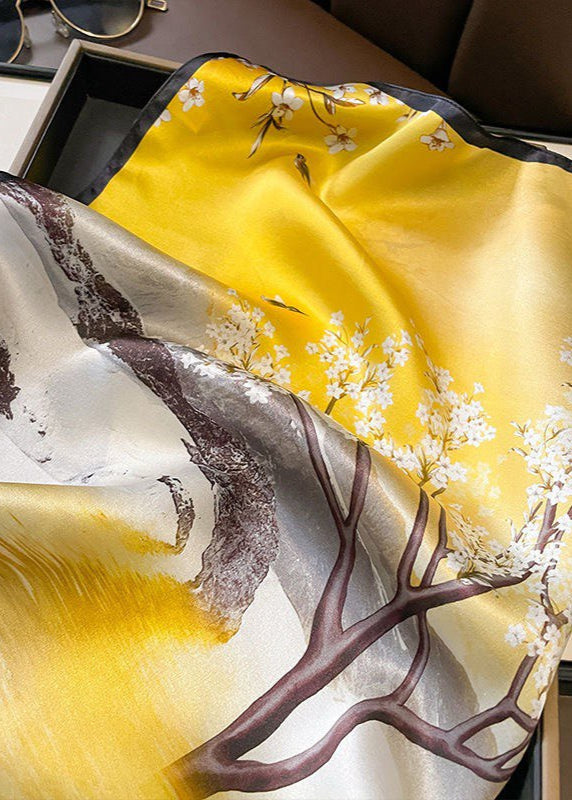 Scenic Floral Silk Scarf Yellow Square Satin