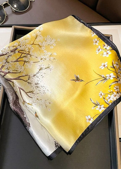 Scenic Floral Silk Scarf Yellow Square Satin