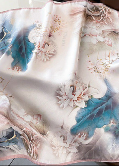 Floral Satin Polyester Square Scarf With Botanical Print