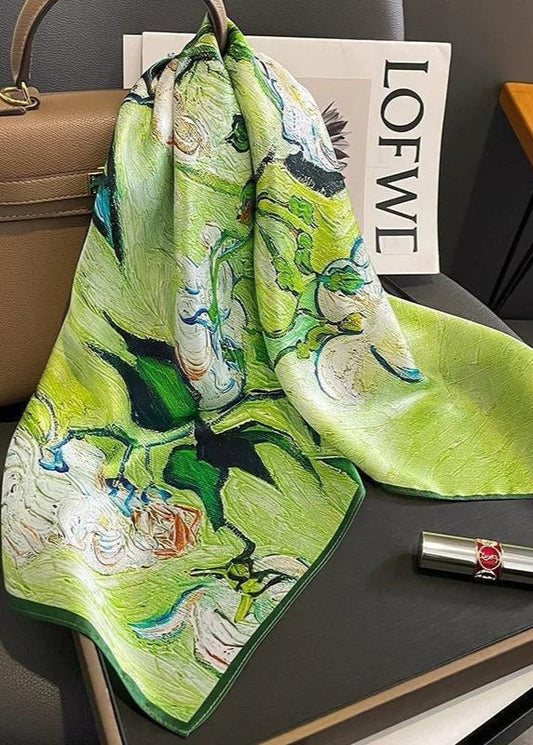 Artistic Green Floral Satin Square Scarf