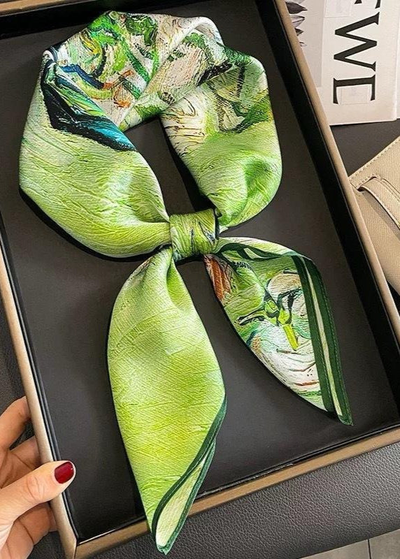 Artistic Green Floral Satin Square Scarf