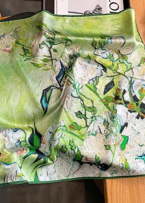Artistic Green Floral Satin Square Scarf