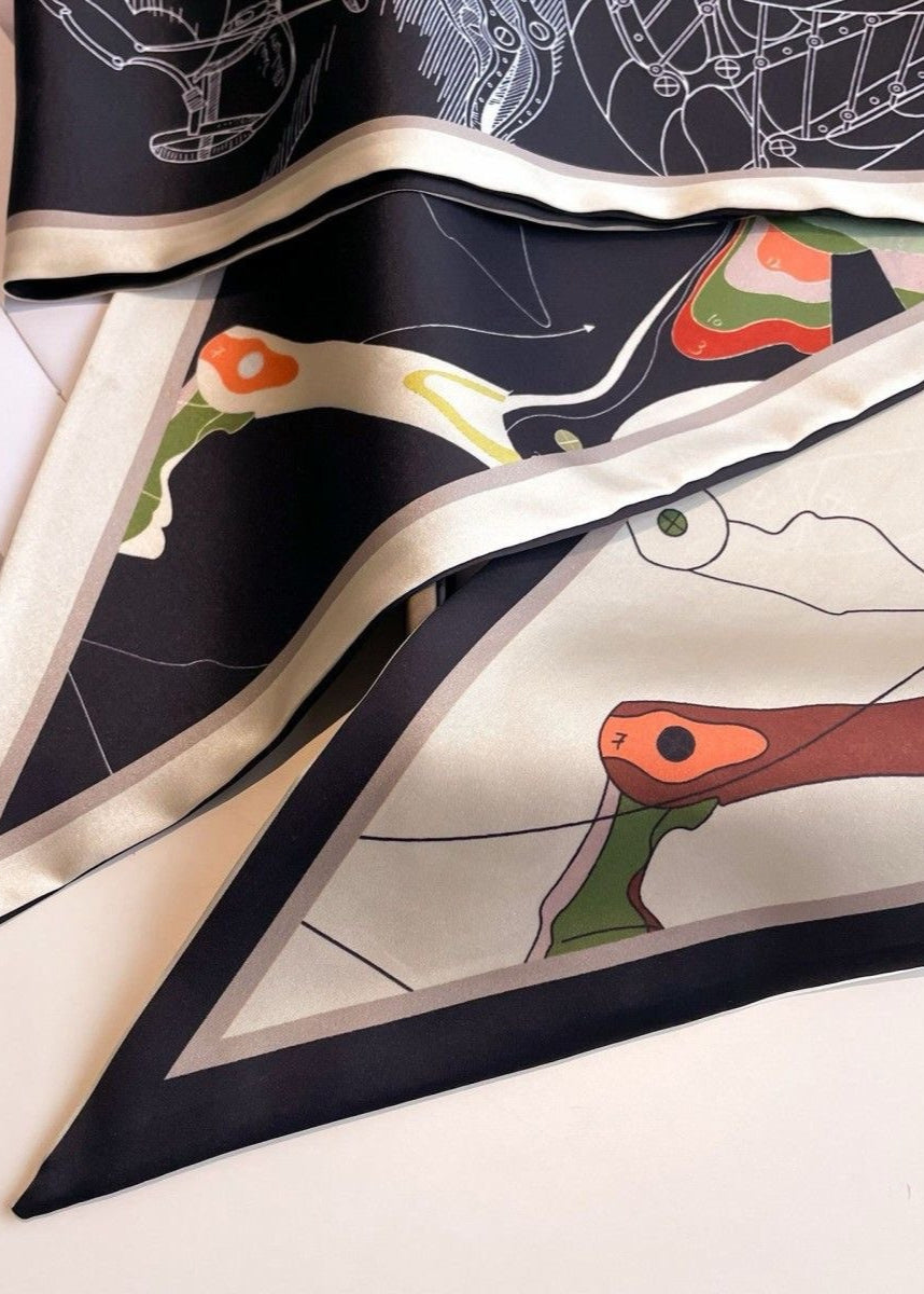 Long Satin Scarf With Retro Geometry