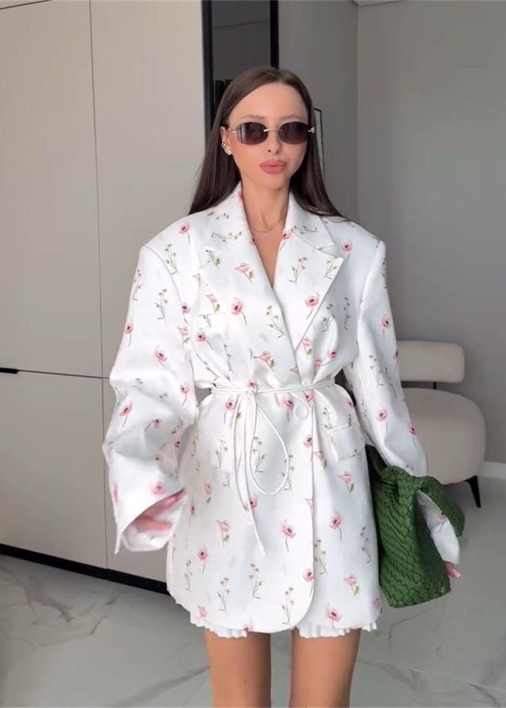 Belted Floral Print Blazer In Midweight Woven Fabric