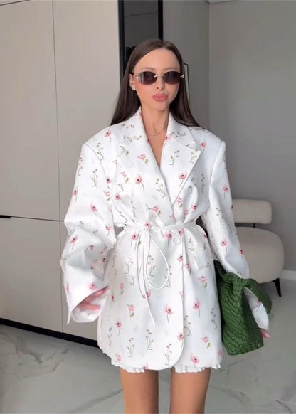 Belted Floral Print Blazer In Midweight Woven Fabric