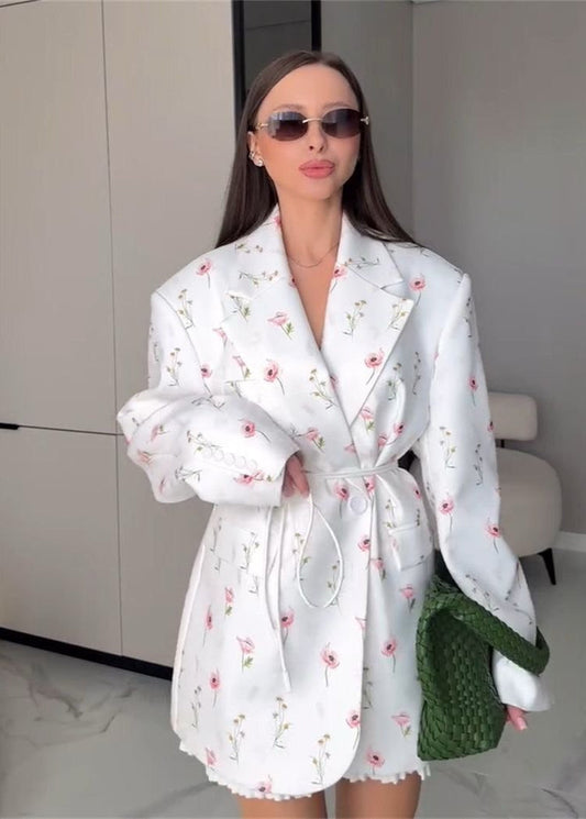 Belted Floral Print Blazer In Midweight Woven Fabric