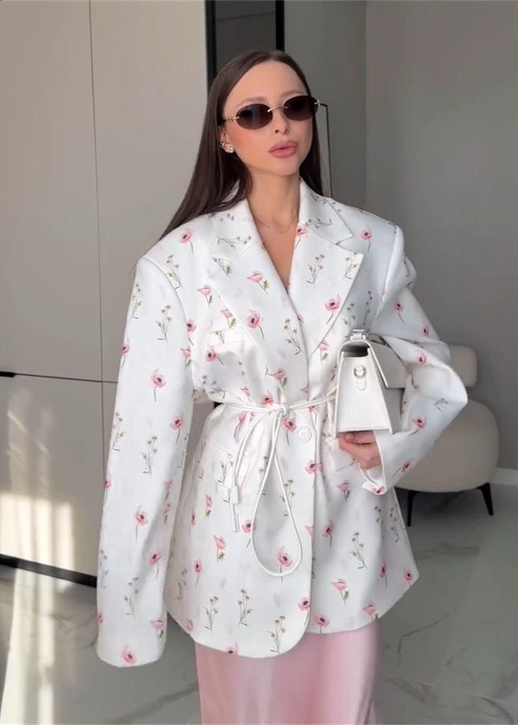Belted Floral Print Blazer In Midweight Woven Fabric