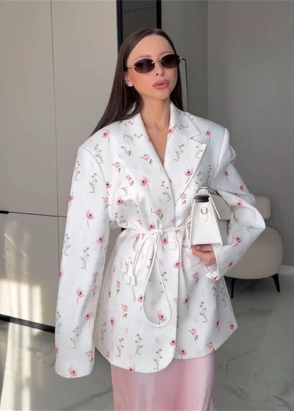 Belted Floral Print Blazer In Midweight Woven Fabric