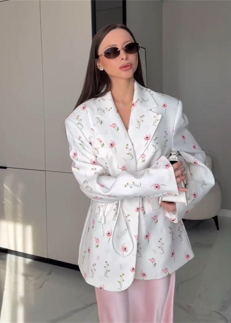 Belted Floral Print Blazer In Midweight Woven Fabric