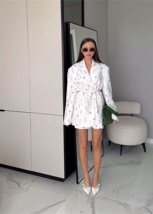 Belted Floral Print Blazer In Midweight Woven Fabric