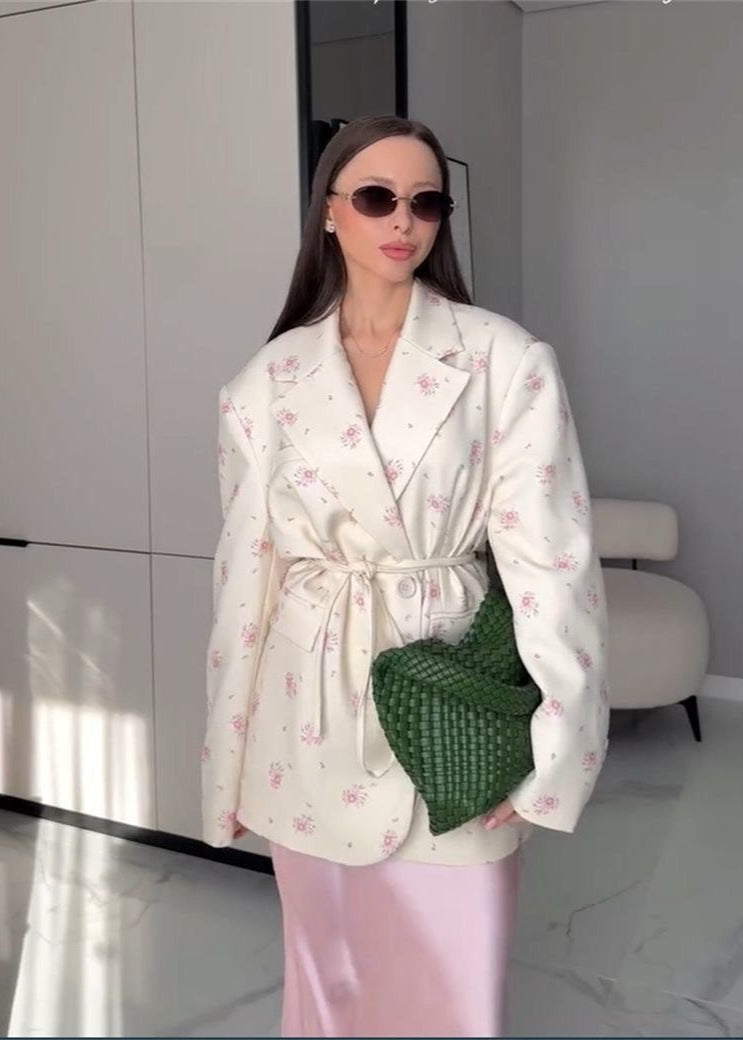 Belted Floral Print Blazer In Midweight Woven Fabric