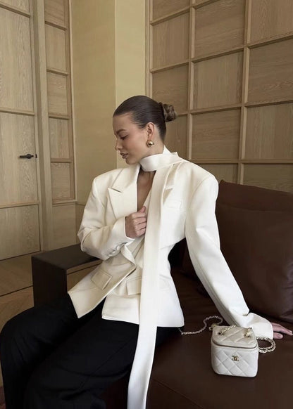 Satin Blazer Tailored Jacket With Neck Sash