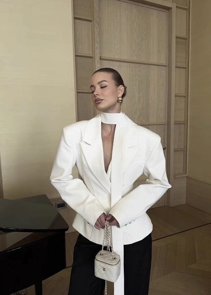 Satin Blazer Tailored Jacket With Neck Sash