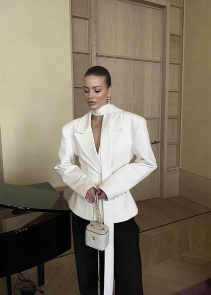 Satin Blazer Tailored Jacket With Neck Sash