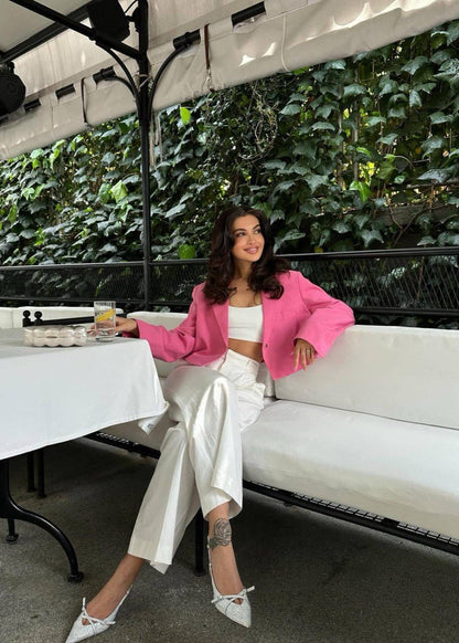 Cropped Polyester Twill Blazer Soft Pink