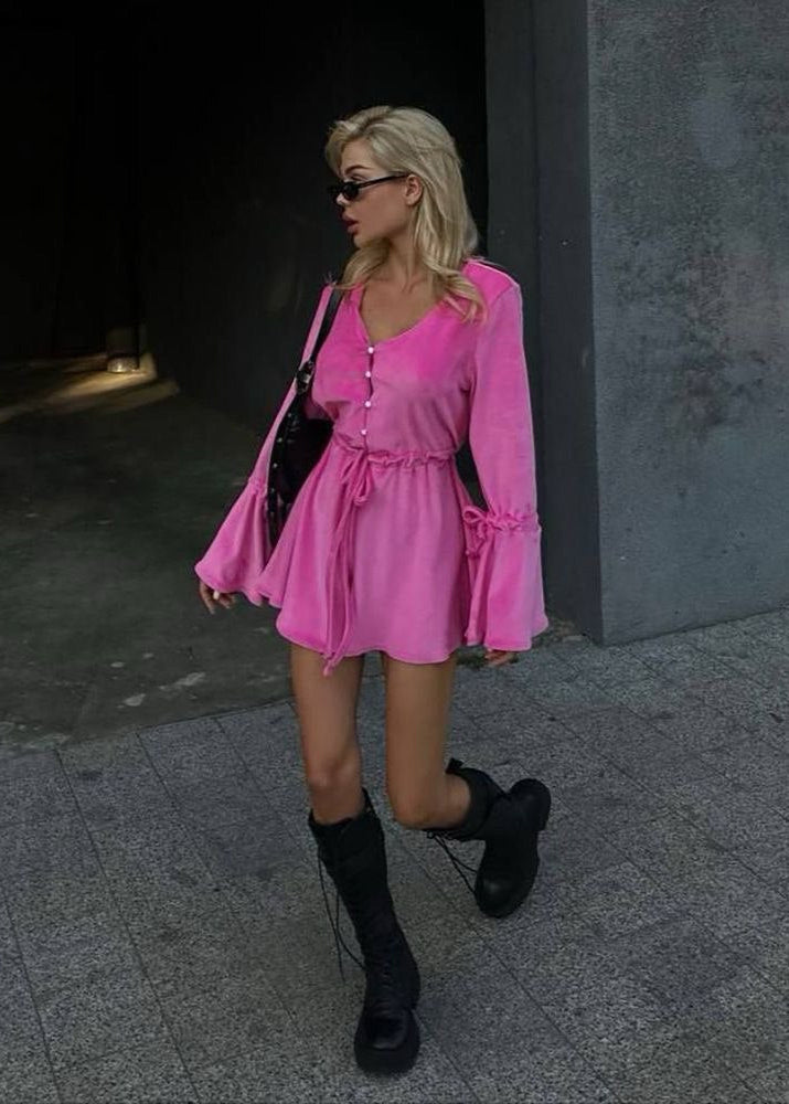 Tie Front Romper Soft Touch Fabric Hot Pink