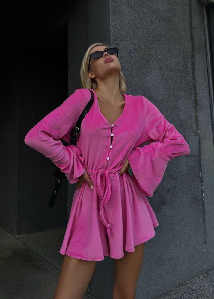 Tie Front Romper Soft Touch Fabric Hot Pink