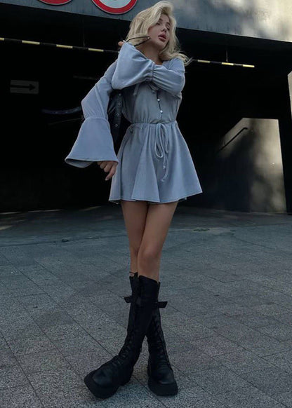 Gray Cotton Tie Waist Flared Sleeve Romper