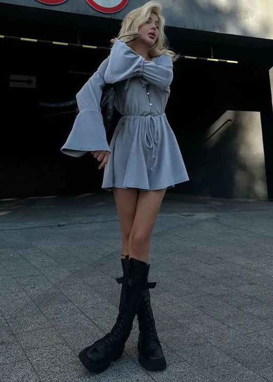 Gray Cotton Tie Waist Flared Sleeve Romper