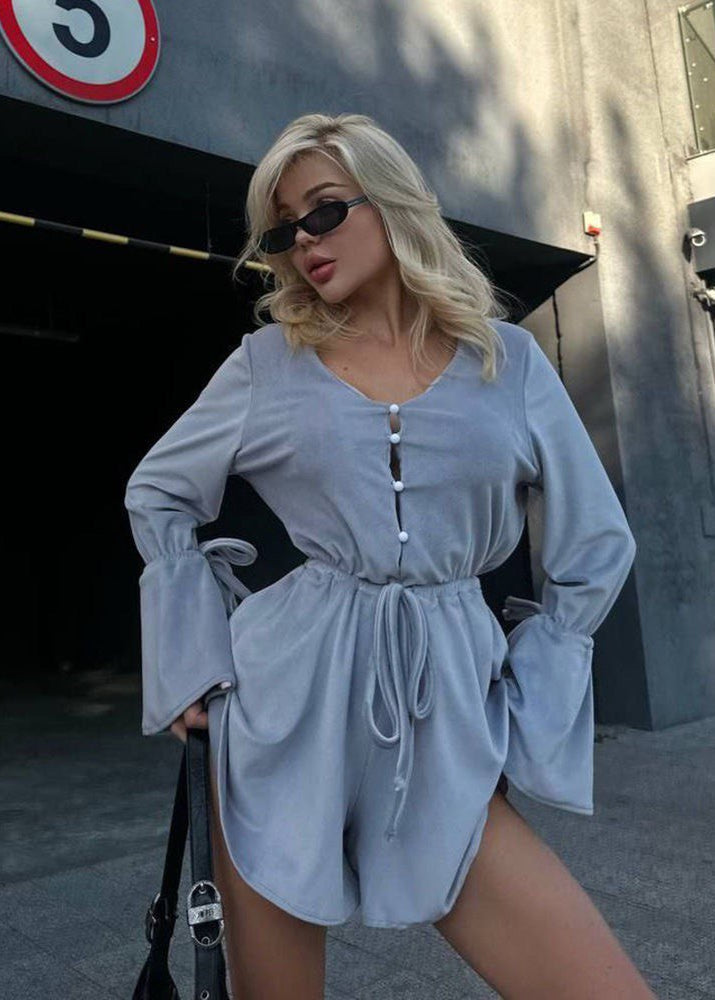 Gray Cotton Tie Waist Flared Sleeve Romper