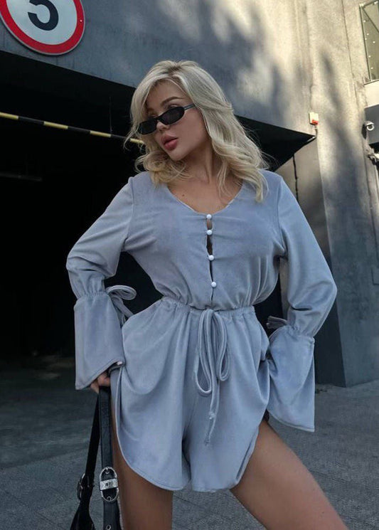 Gray Cotton Tie Waist Flared Sleeve Romper