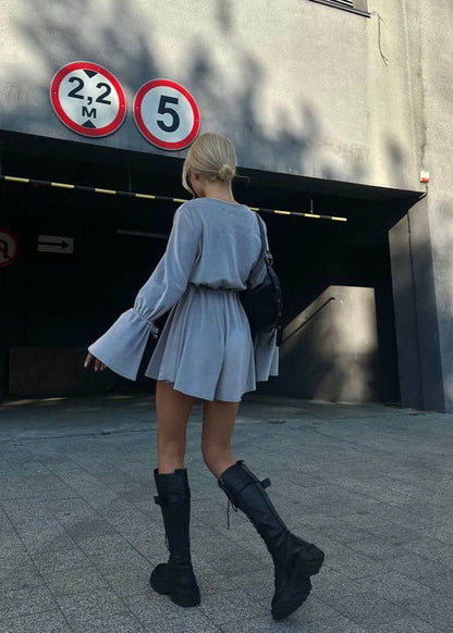 Gray Cotton Tie Waist Flared Sleeve Romper