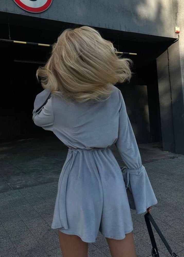 Gray Cotton Tie Waist Flared Sleeve Romper