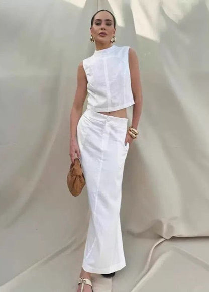 Linen Blend Sleeveless Top With Front Slit Maxi Skirt