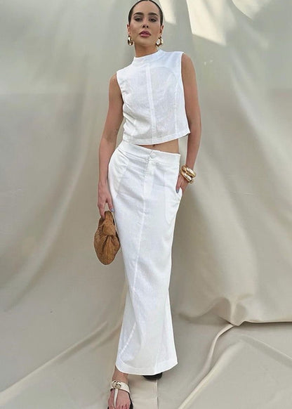 Linen Blend Sleeveless Top With Front Slit Maxi Skirt