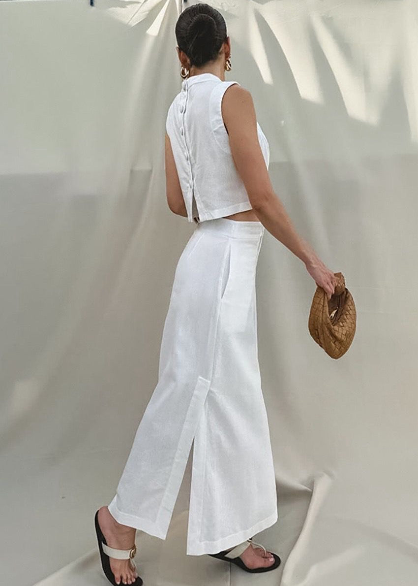 Linen Blend Sleeveless Top With Front Slit Maxi Skirt