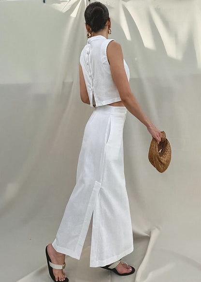 Linen Blend Sleeveless Top With Front Slit Maxi Skirt