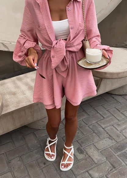Crinkled Polyester Lounge Set Tie Front Shirt High Waist Shorts