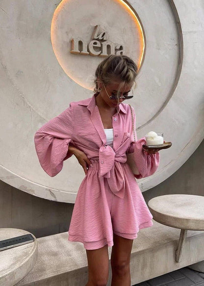Crinkled Polyester Lounge Set Tie Front Shirt High Waist Shorts