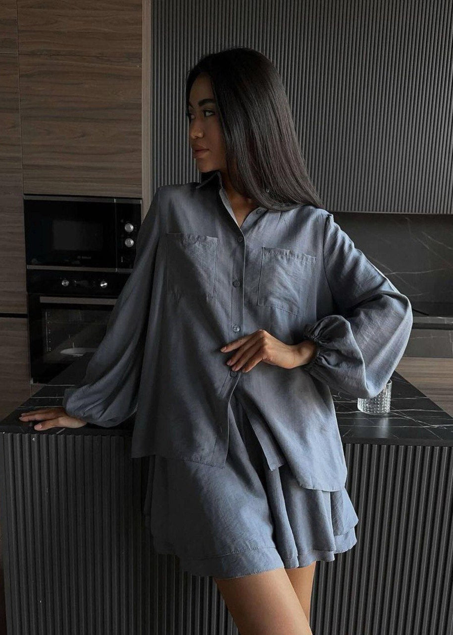Crinkled Polyester Lounge Set Tie Front Shirt High Waist Shorts
