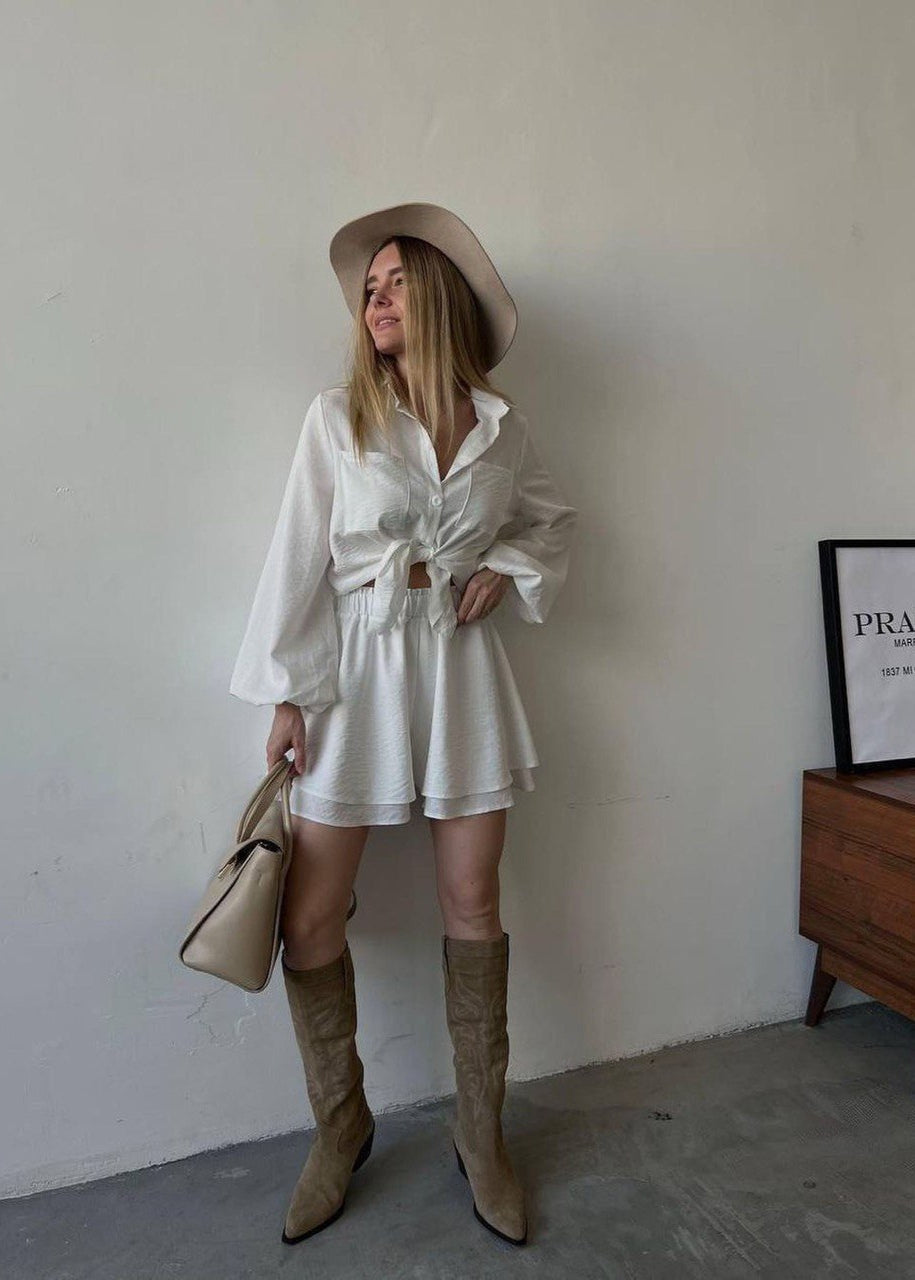 Cotton Blend Set with Tie Front Shirt and Flowy Shorts
