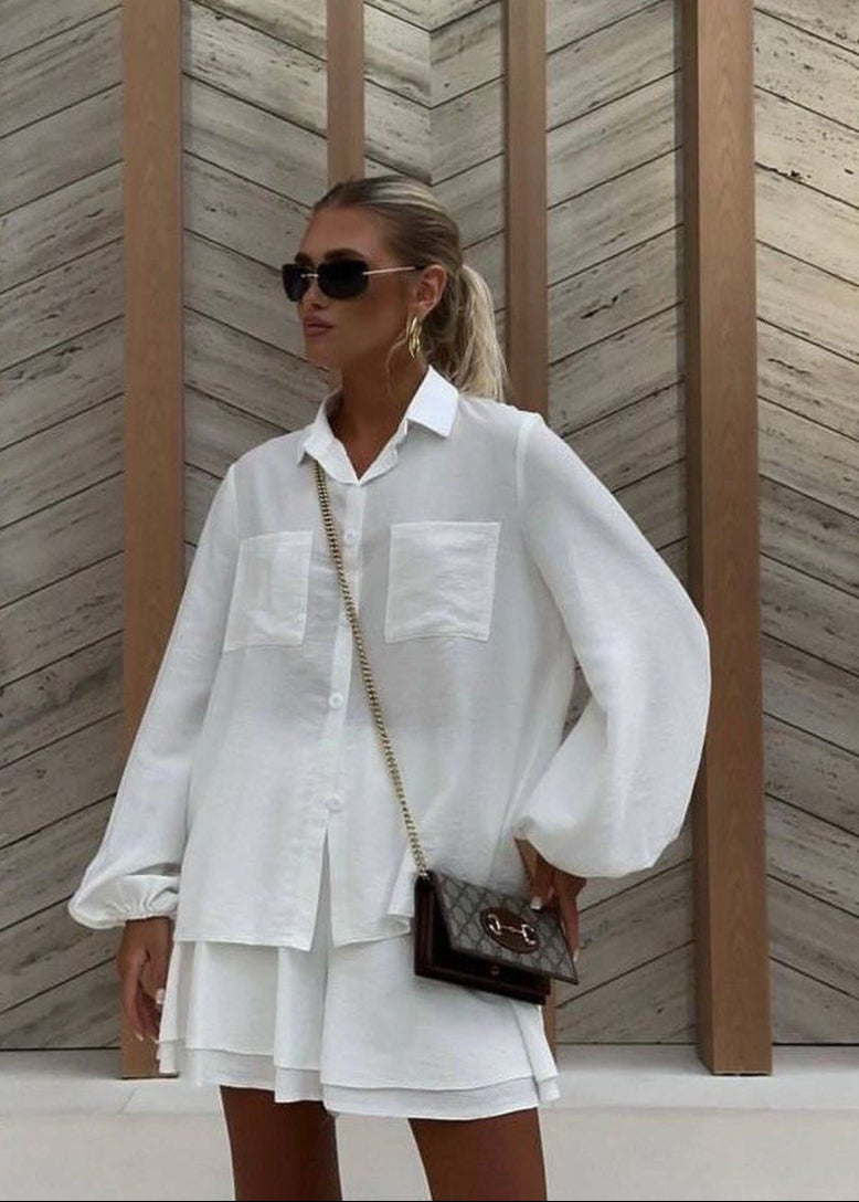 Cotton Blend Set with Tie Front Shirt and Flowy Shorts