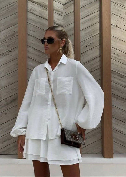 Cotton Blend Set with Tie Front Shirt and Flowy Shorts