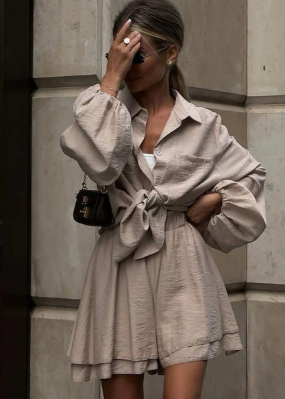 Cotton Blend Set with Tie Front Shirt and Flowy Shorts