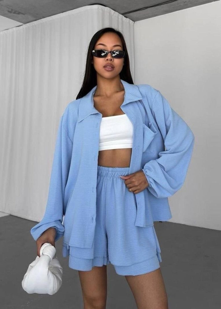 Oversized Button Shirt And Elastic Shorts Set In Soft Blue Polyester