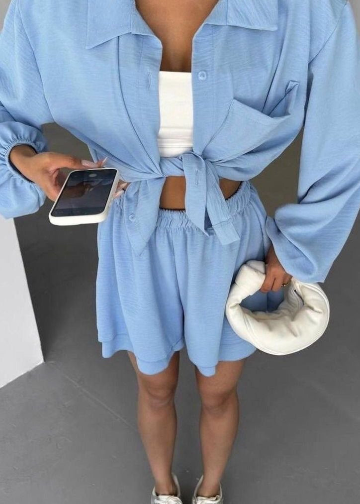 Oversized Button Shirt And Elastic Shorts Set In Soft Blue Polyester