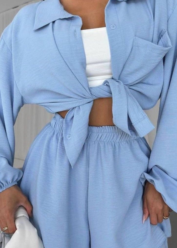Oversized Button Shirt And Elastic Shorts Set In Soft Blue Polyester