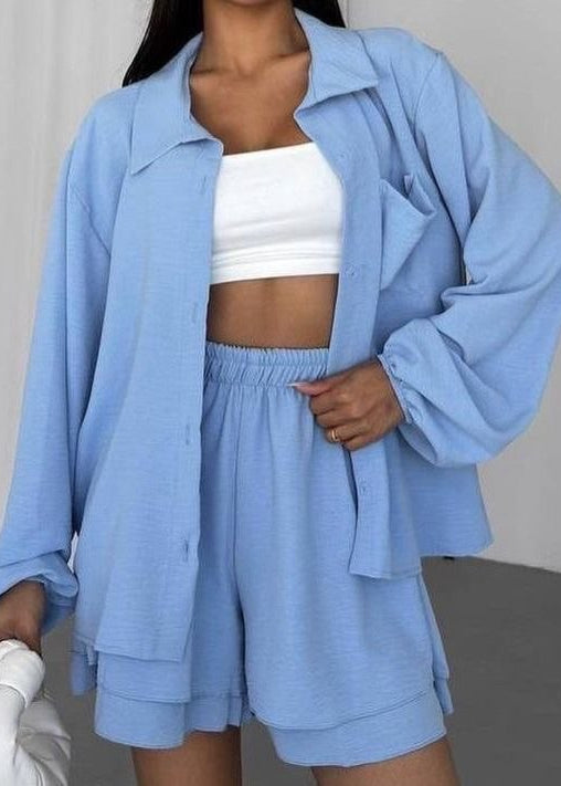Oversized Button Shirt And Elastic Shorts Set In Soft Blue Polyester