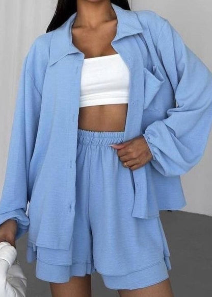 Oversized Button Shirt And Elastic Shorts Set In Soft Blue Polyester