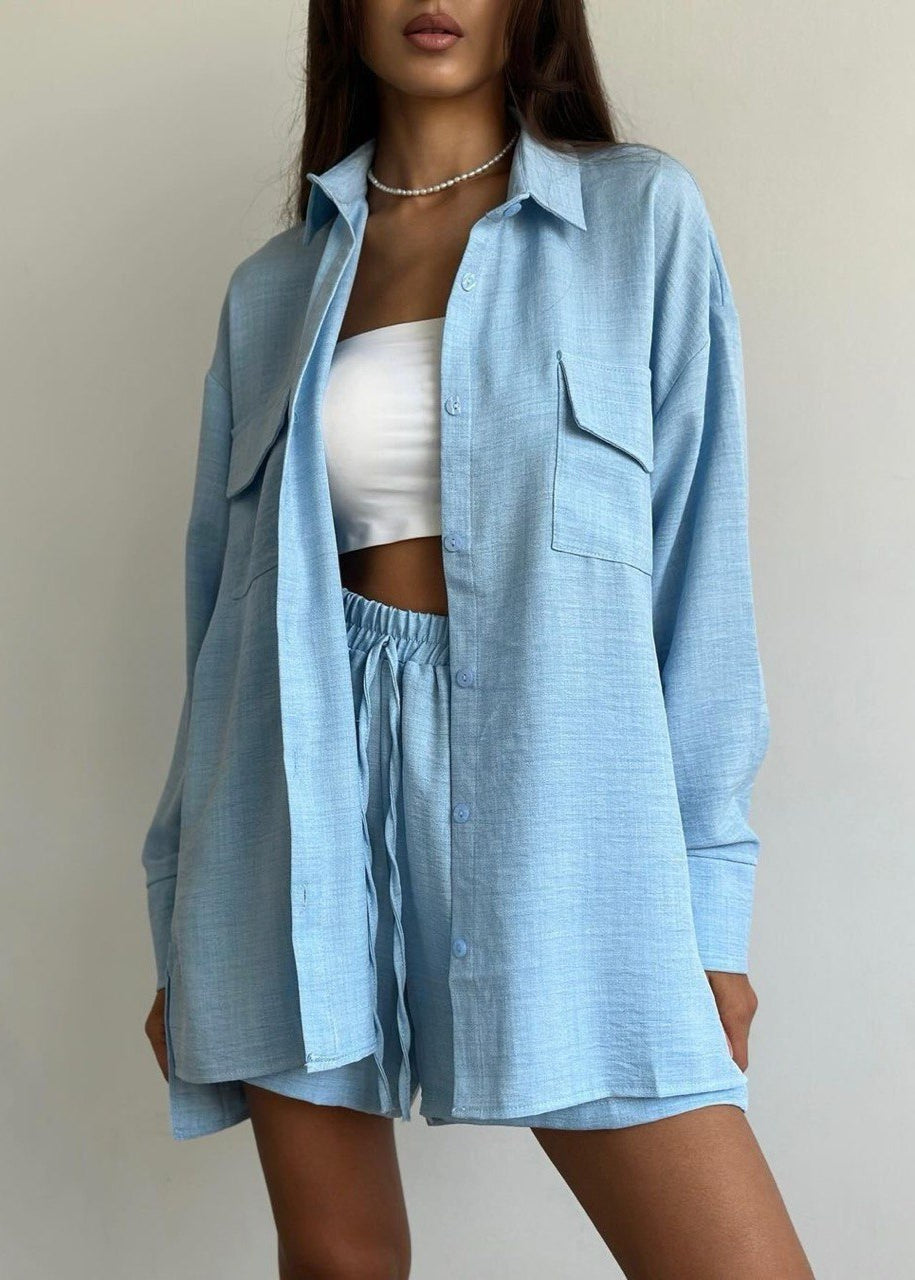 Button Down Shirt And Drawstring Shorts Set Cotton Polyester Blend