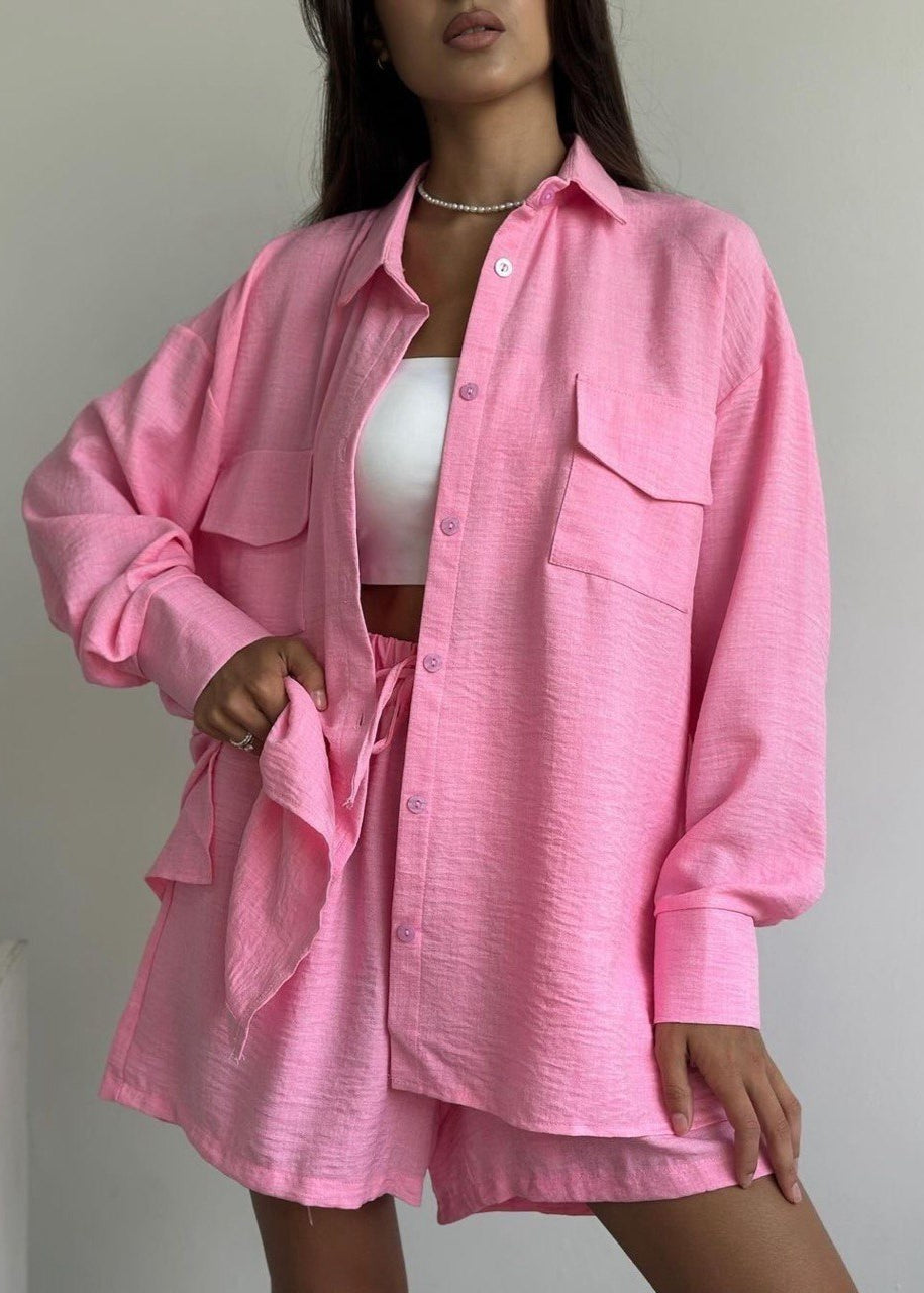 Button Down Shirt And Drawstring Shorts Set Cotton Polyester Blend