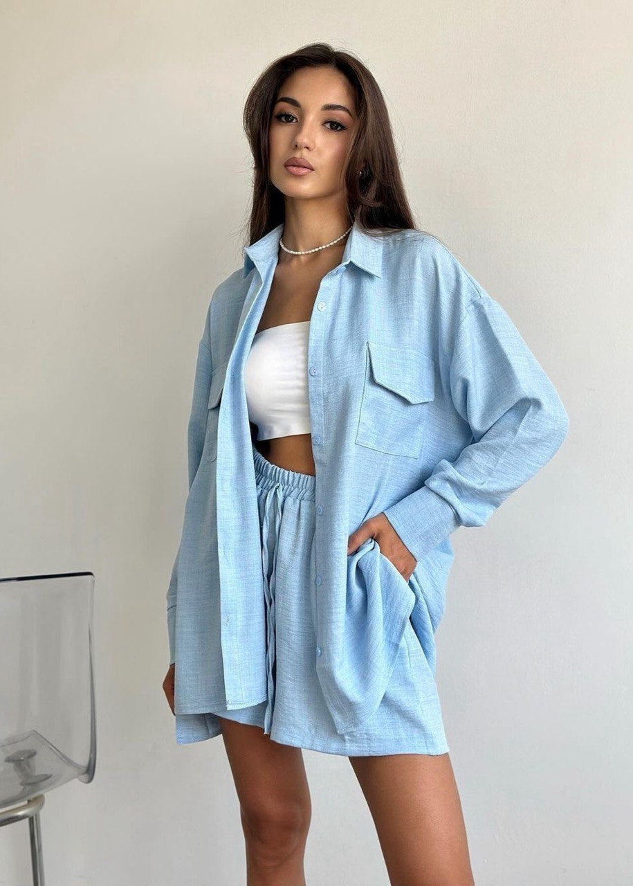 Button Down Shirt And Drawstring Shorts Set Cotton Polyester Blend