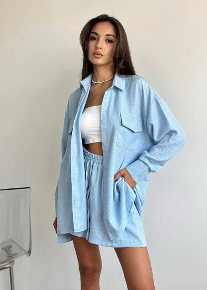 Button Down Shirt And Drawstring Shorts Set Cotton Polyester Blend