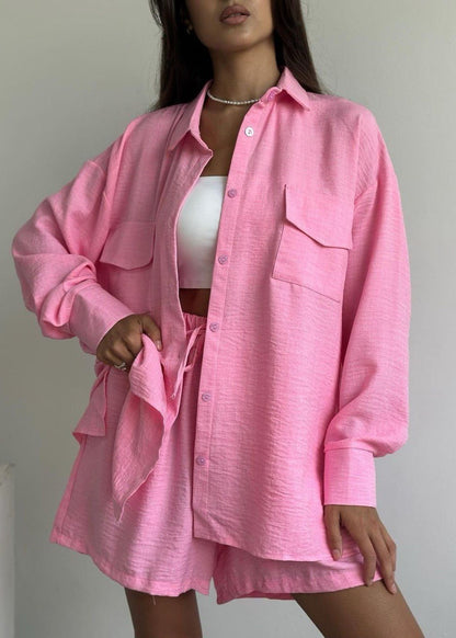 Button Down Shirt And Drawstring Shorts Set Cotton Polyester Blend