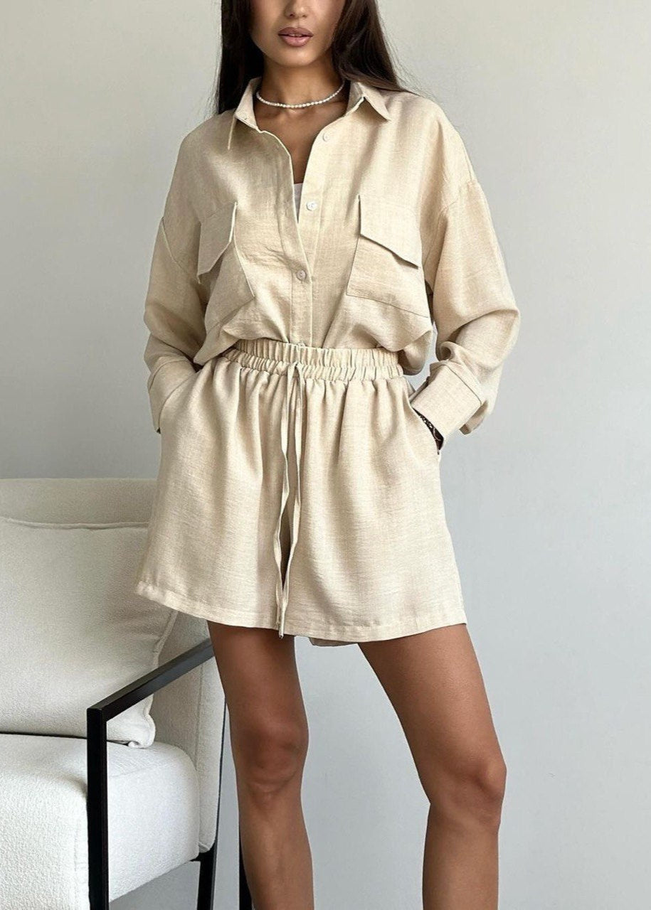 Button Down Shirt And Drawstring Shorts Set Cotton Polyester Blend